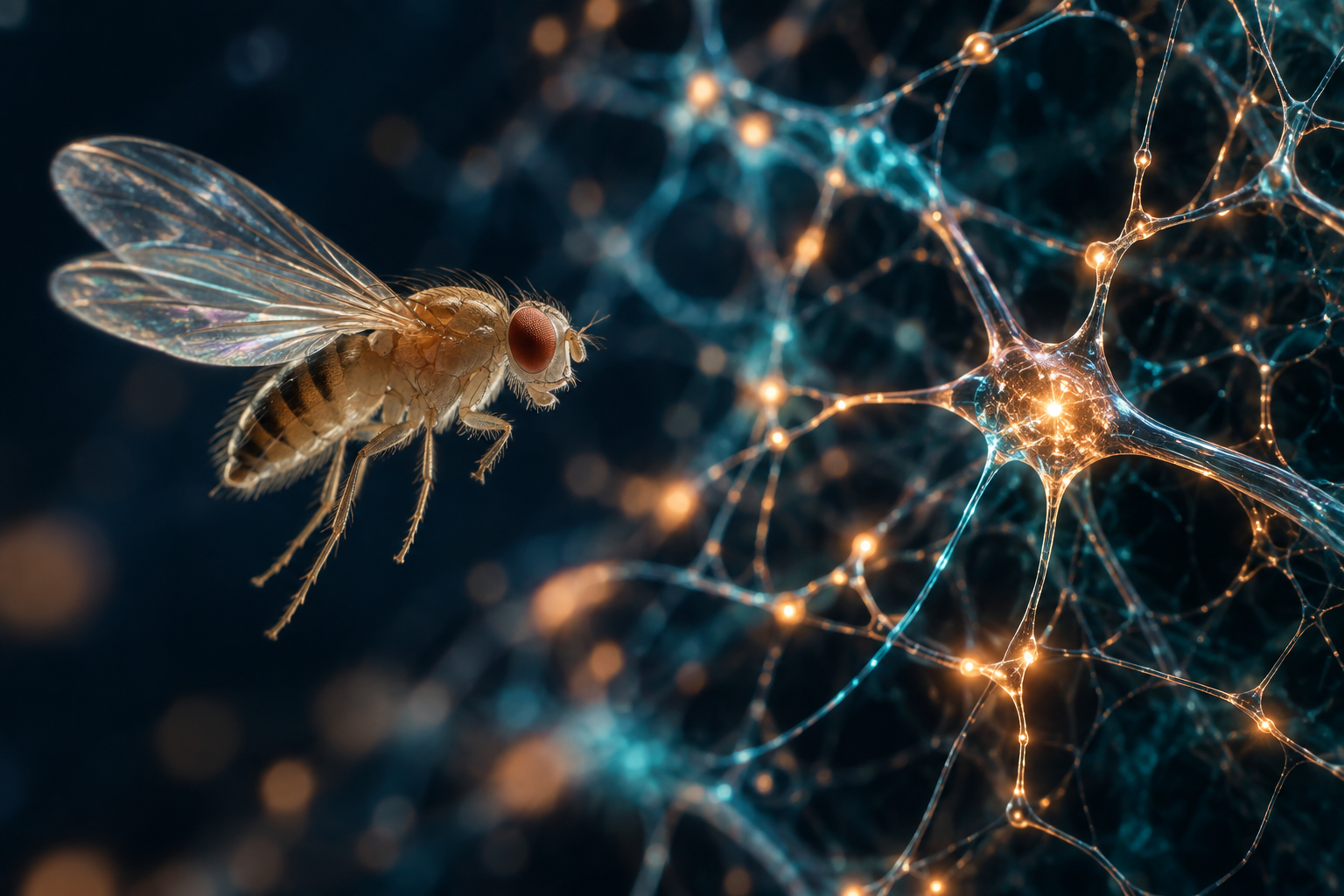 A fruit fly beside an abstract glowing network